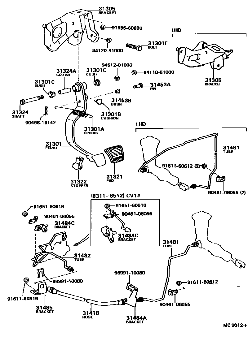 Toyota CAMRY 离合器踏板和挠性软管 EPC diagram — MC9012F