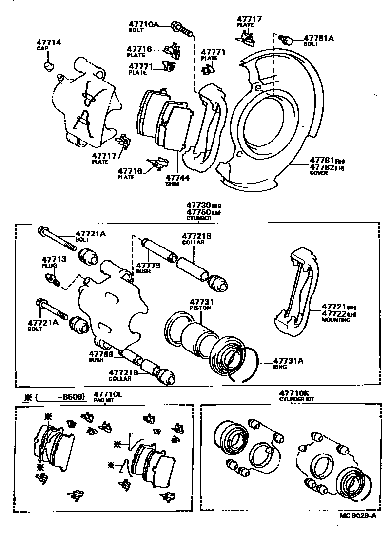 Toyota CAMRY 前盘式制动器卡钳和防尘罩 EPC diagram — MC9029A