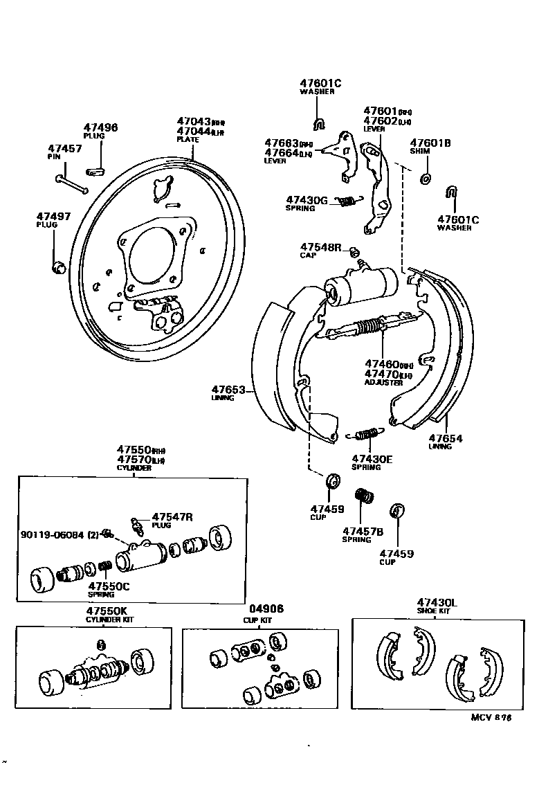 Toyota CAMRY 后鼓式制动器分泵和底板 EPC diagram — MCV878