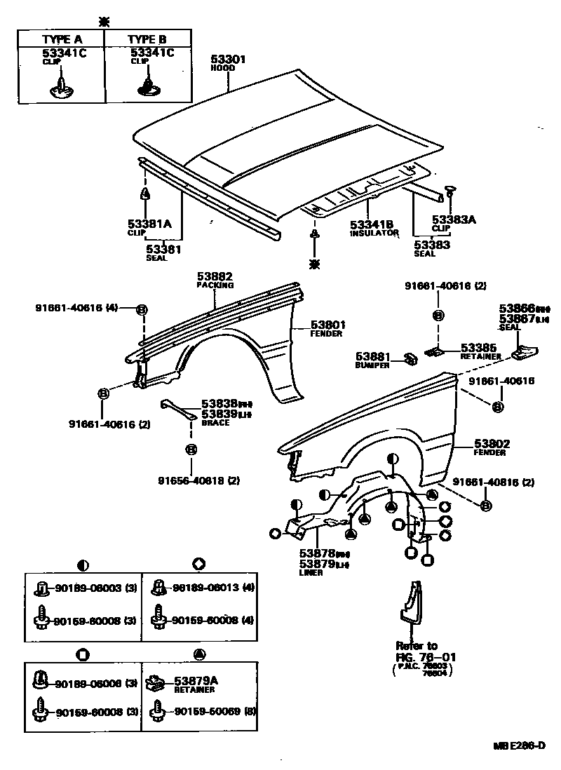 Toyota CAMRY 发动机盖和前翼子板 EPC diagram — MBE286D