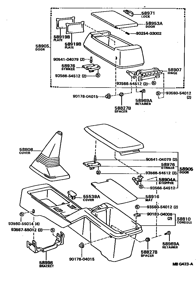 Toyota CAMRY 中央扶手箱和支架 EPC diagram — MBG423A