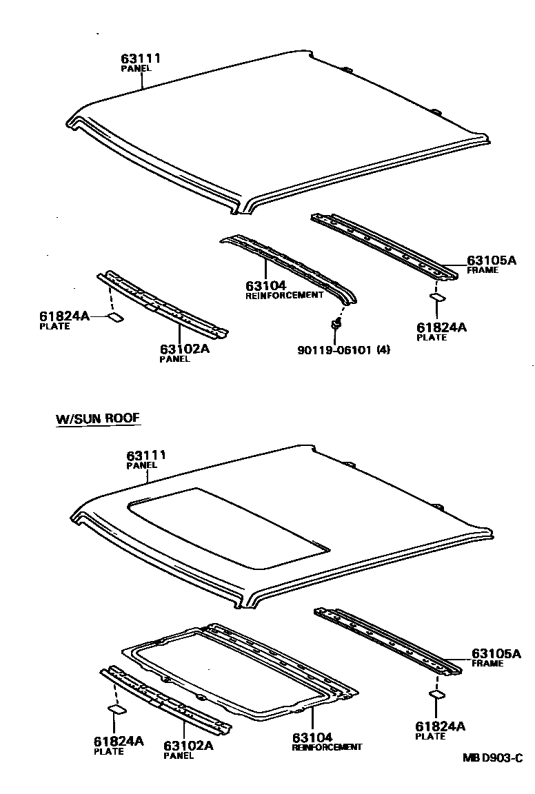 Toyota CAMRY 天窗板和背窗玻璃 EPC diagram — MBD903C