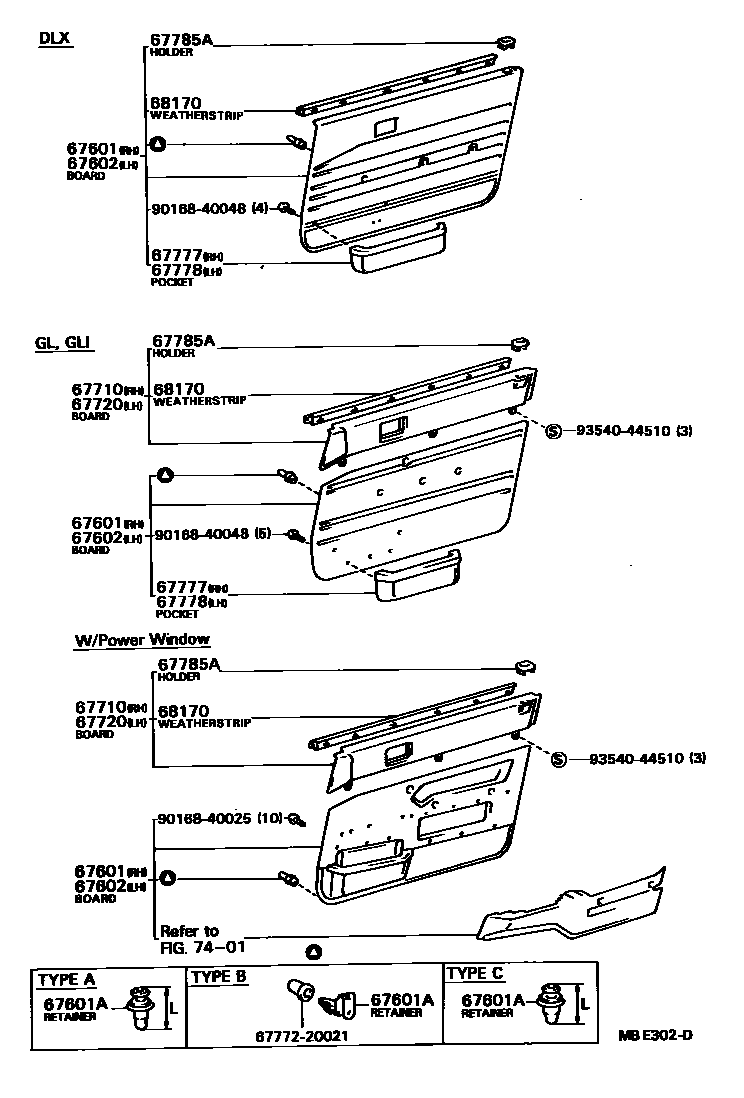Toyota CAMRY 前门板和前门玻璃 EPC diagram — MBE302D
