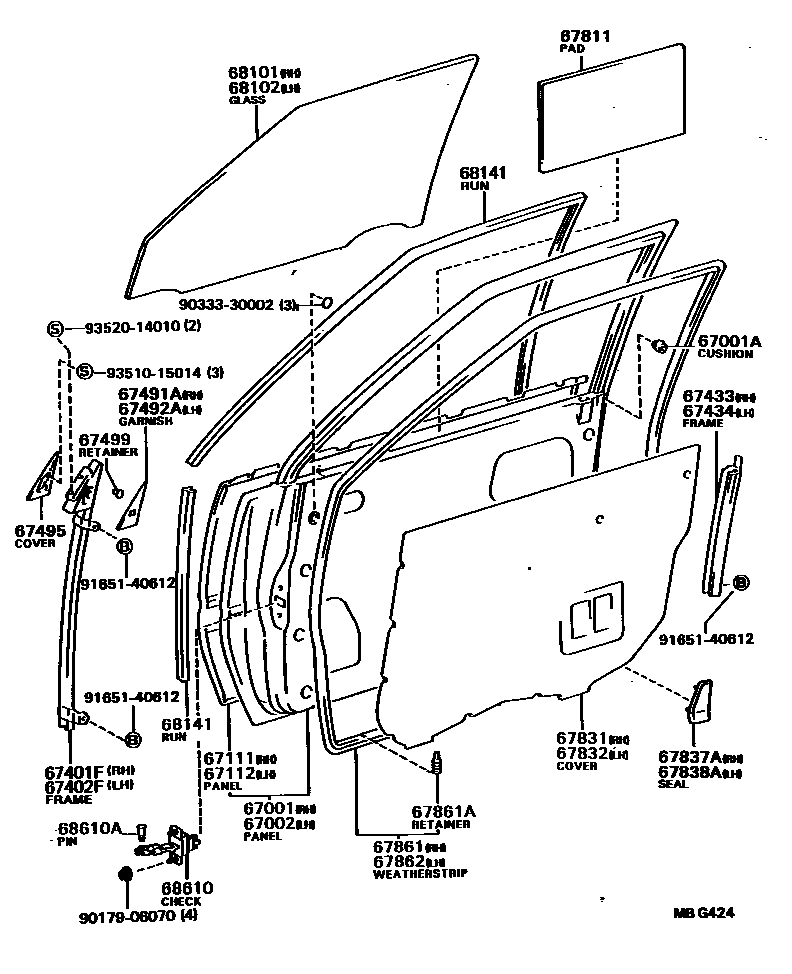 Toyota CAMRY 前门板和前门玻璃 EPC diagram — MBG424
