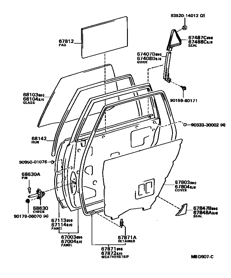 Toyota CAMRY 后门板和后门玻璃 EPC diagram — MBD907C