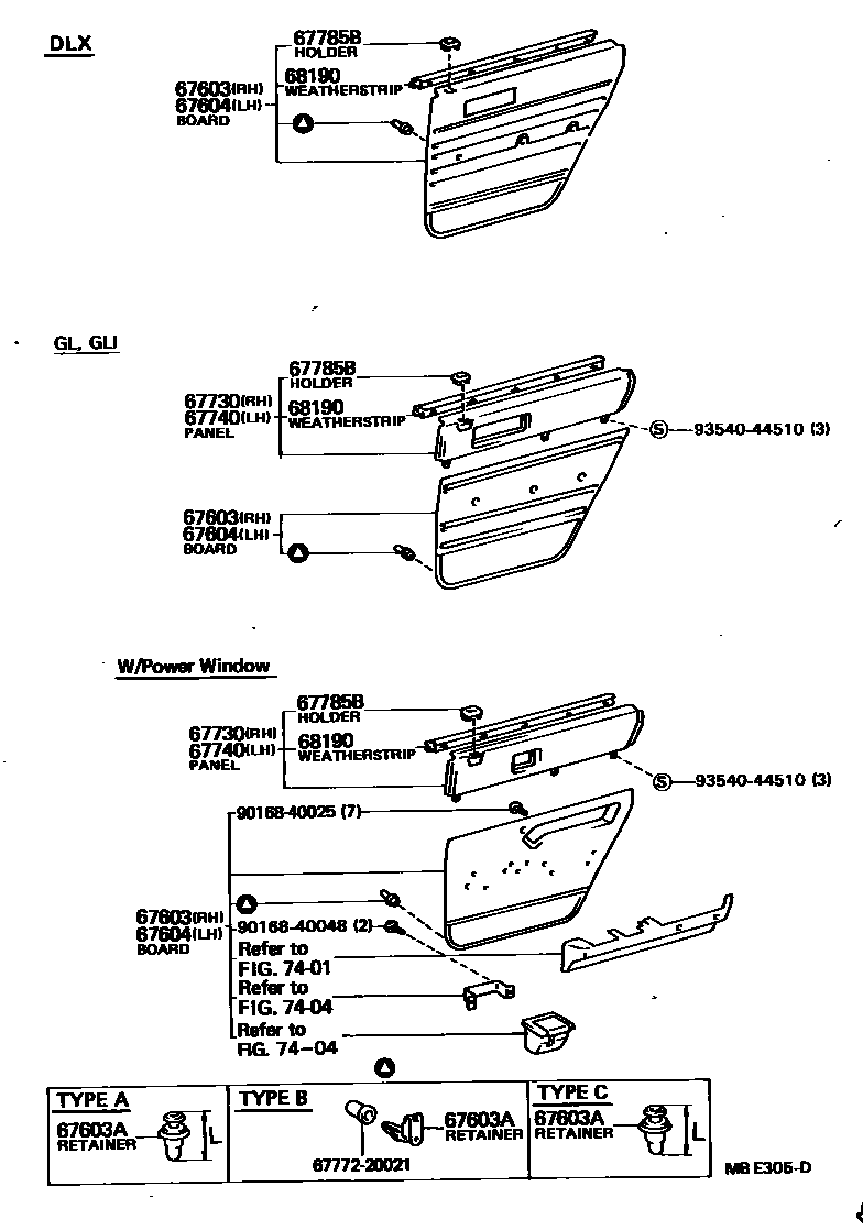 Toyota CAMRY 后门板和后门玻璃 EPC diagram — MBE305D