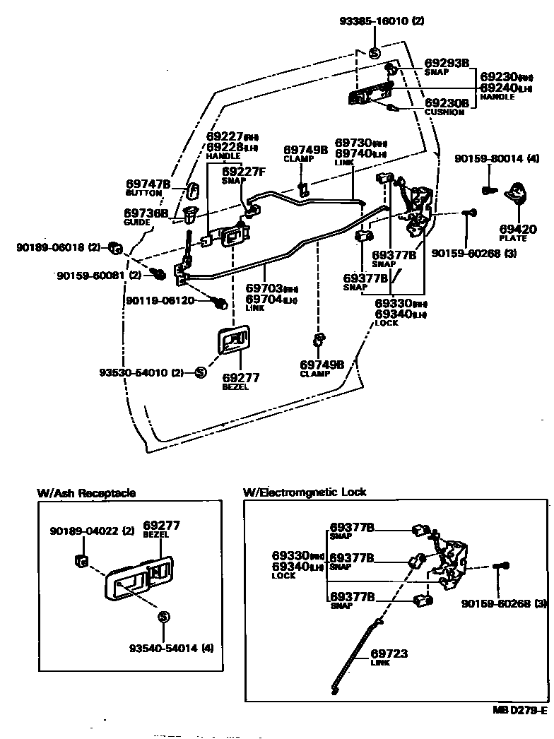 Toyota CAMRY 后门锁和后门把手 EPC diagram — MBD279E