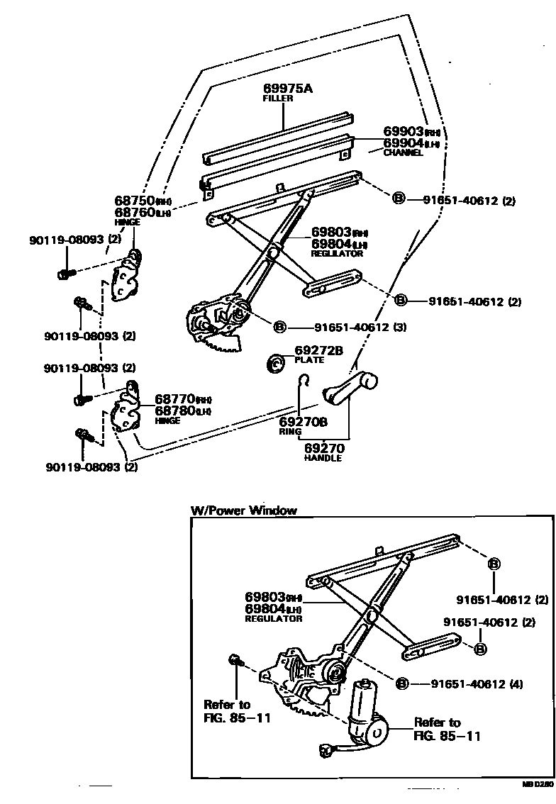 Toyota CAMRY 后门车窗升降器和合页 EPC diagram — MBD280