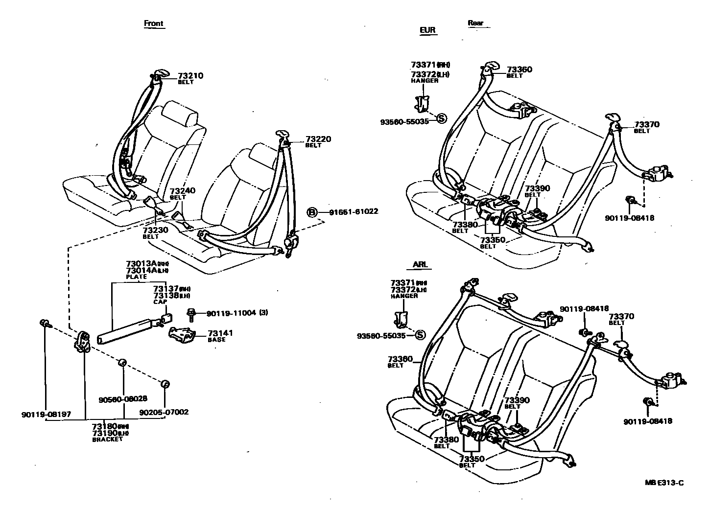 Toyota CAMRY 安全带和儿童保护座椅 EPC diagram — MBE313C