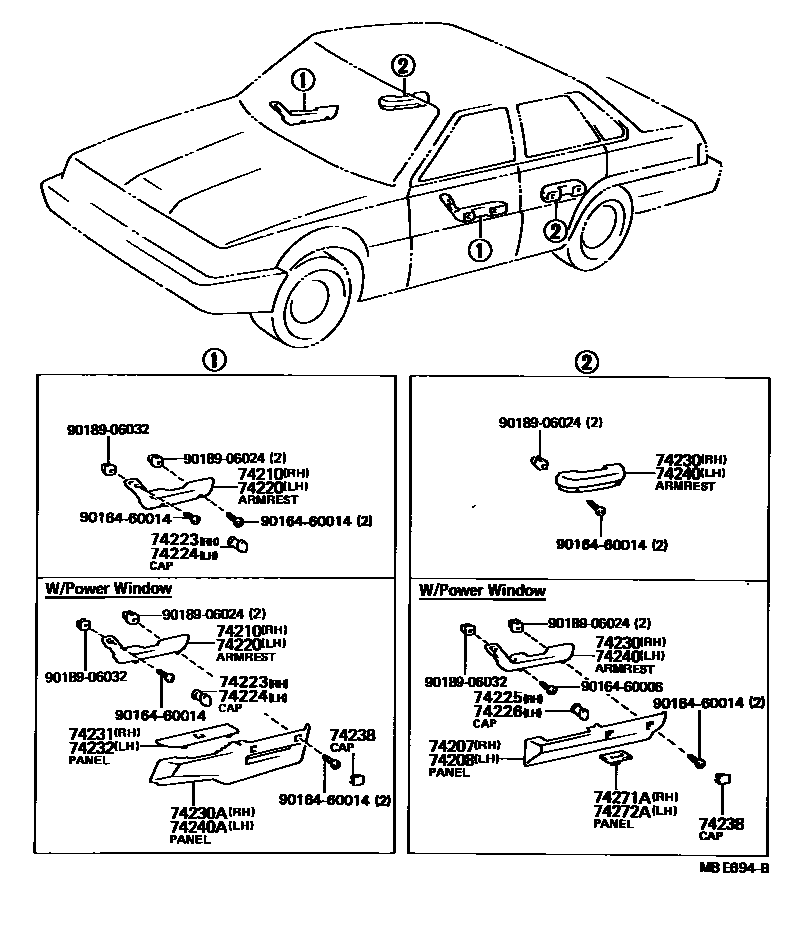 Toyota CAMRY 扶手和遮阳板 EPC diagram — MBE694B