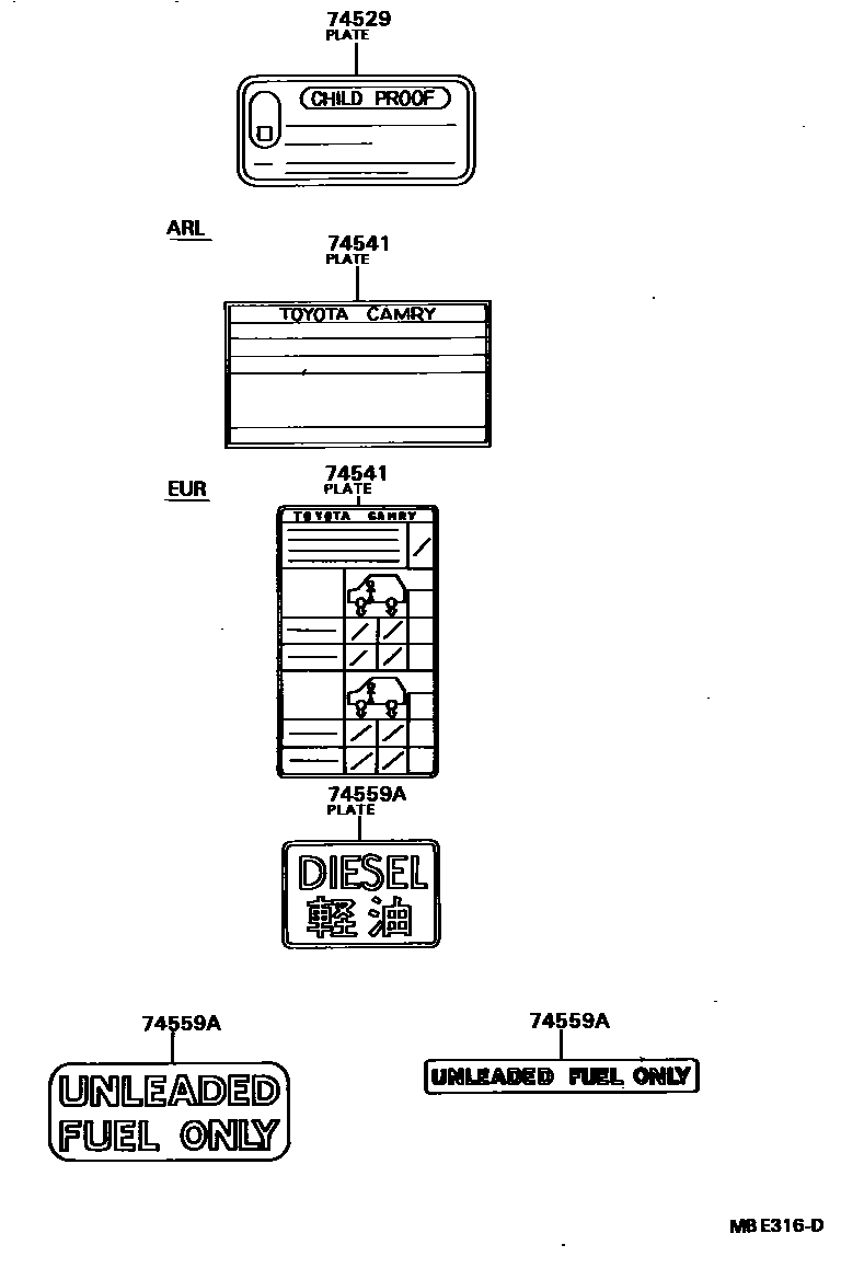 Toyota CAMRY 警示铭牌(车外和车内) EPC diagram — MBE316D