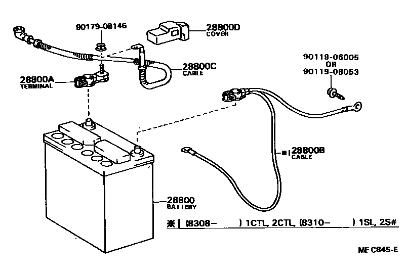 Toyota CAMRY 蓄电池和蓄电池电缆 EPC diagram — MEC845E