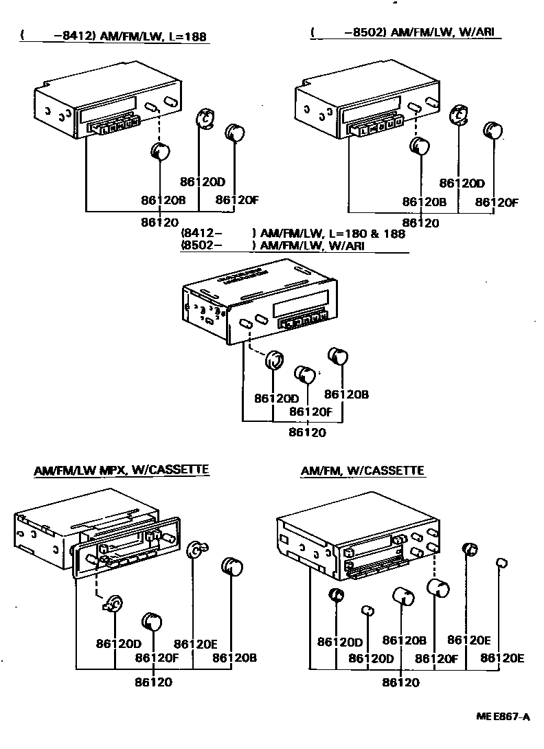 Toyota CAMRY 收音机、放大器和冷凝器 EPC diagram — MEE867A