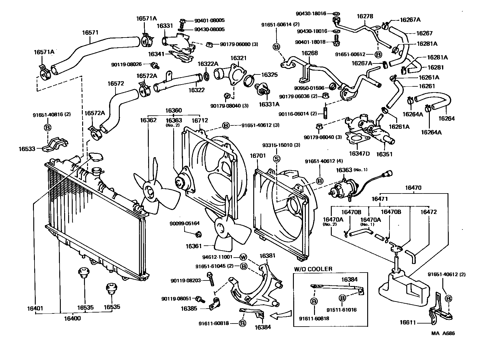 Toyota CAMRY RADIATOR & WATER OUTLET EPC diagram — MAA686