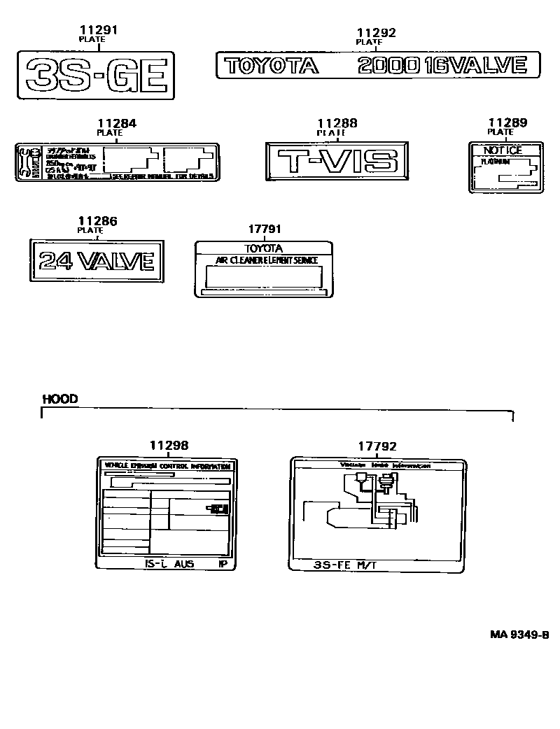 Toyota CAMRY 警示铭牌和名称铭牌(发动机) EPC diagram — MA9349B