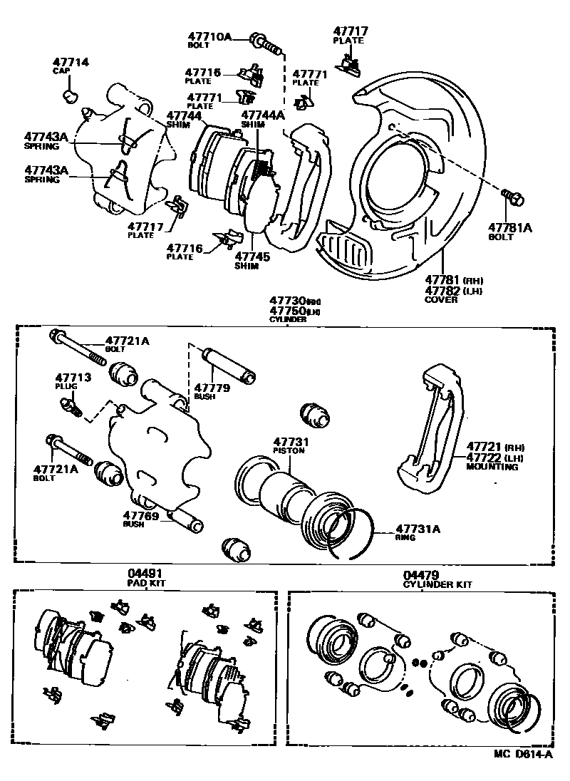 Toyota CAMRY 前盘式制动器卡钳和防尘罩 EPC diagram — MCD614A