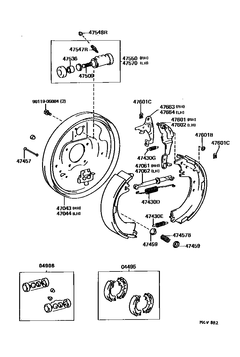 Toyota CAMRY 后鼓式制动器分泵和底板 EPC diagram — MCV882