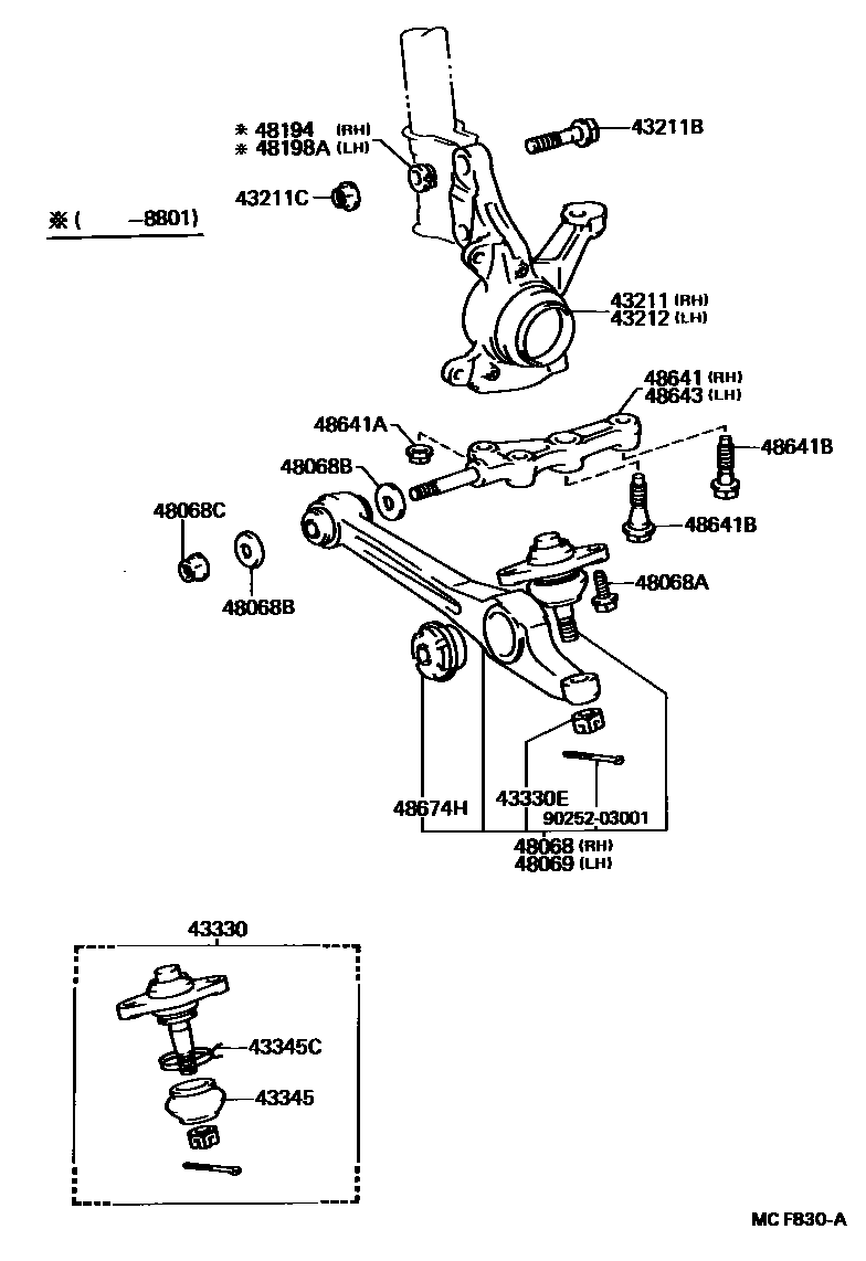 Toyota CAMRY 前桥控制臂和转向节 EPC diagram — MCF830A