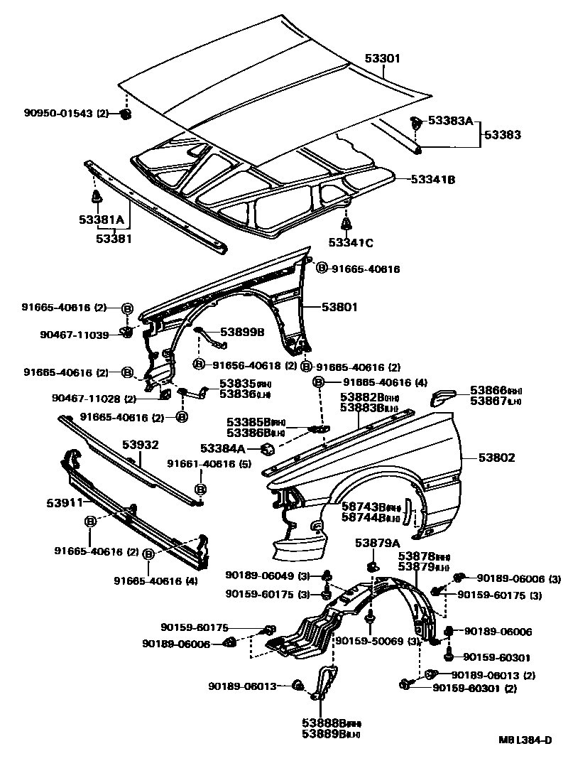 Toyota CAMRY 发动机盖和前翼子板 EPC diagram — MBL384D
