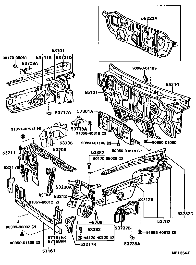 Toyota CAMRY 前翼子板挡泥板和前围板 EPC diagram — MBL354E