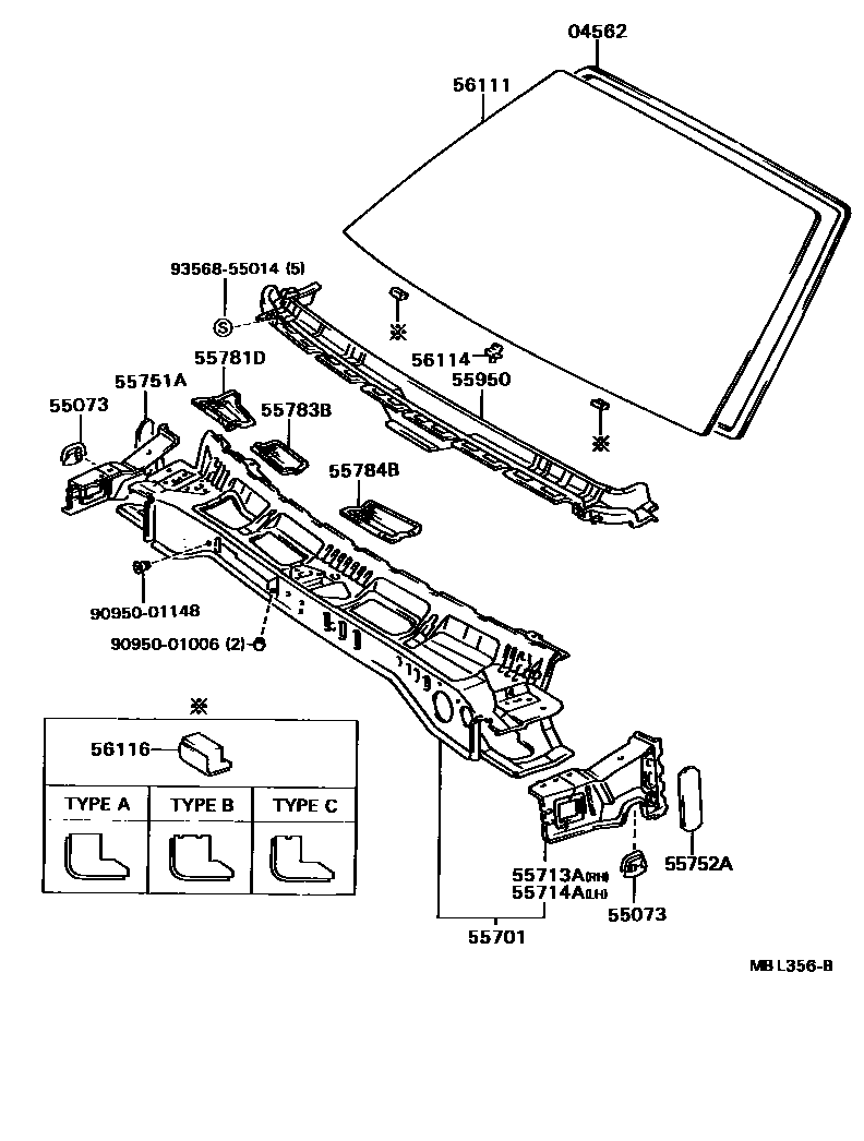 Toyota CAMRY 前围板和挡风玻璃 EPC diagram — MBL356B