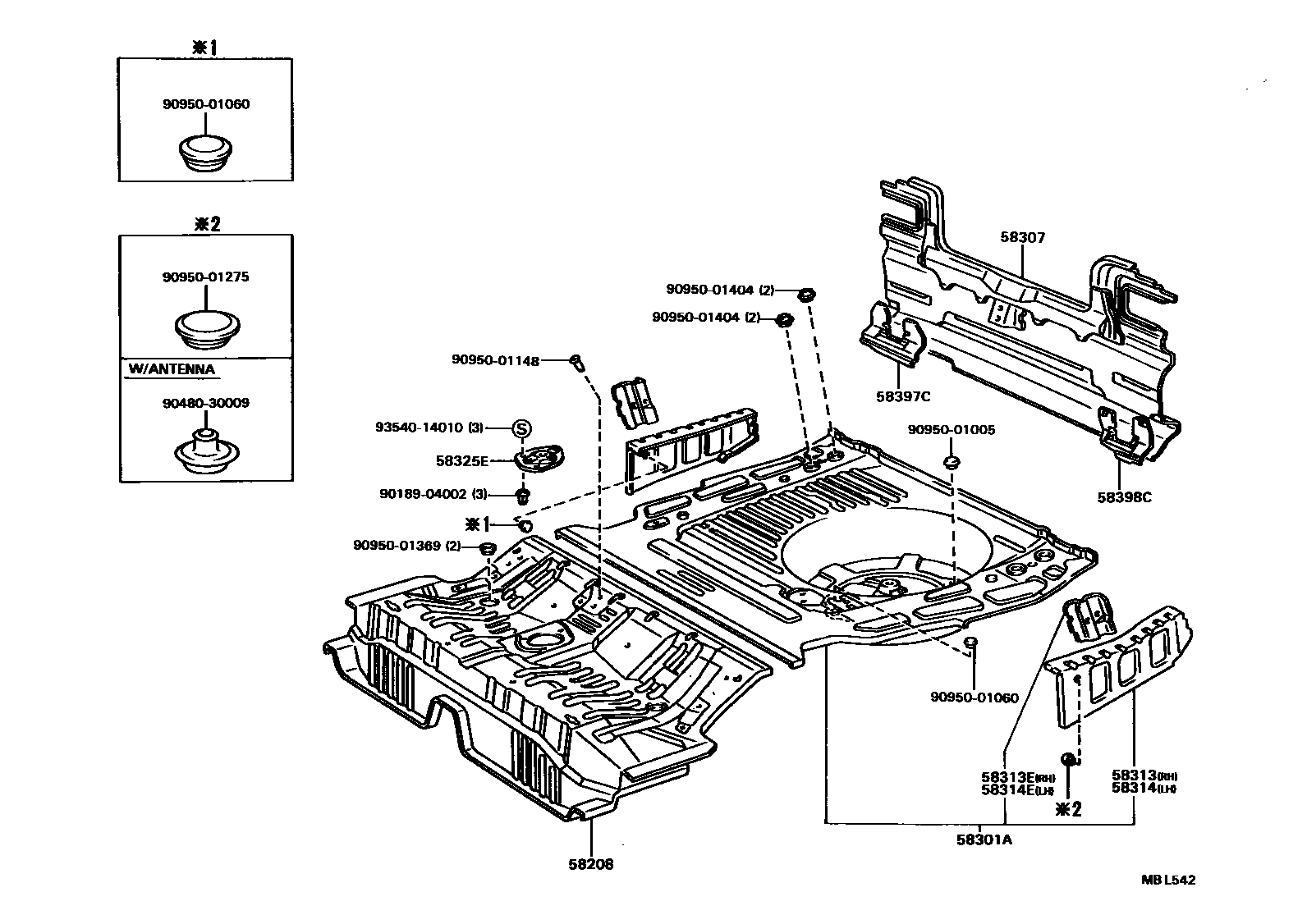 Toyota CAMRY 浅盘形地板和车身下背板 EPC diagram — MBL542