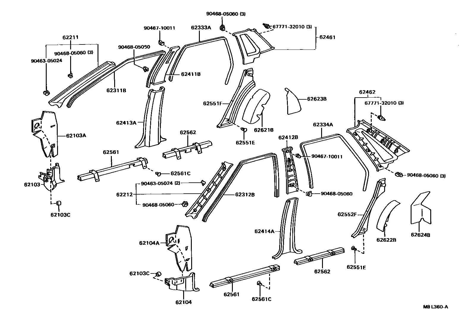 Toyota CAMRY 内饰板和车门防水胶条 EPC diagram — MBL360A
