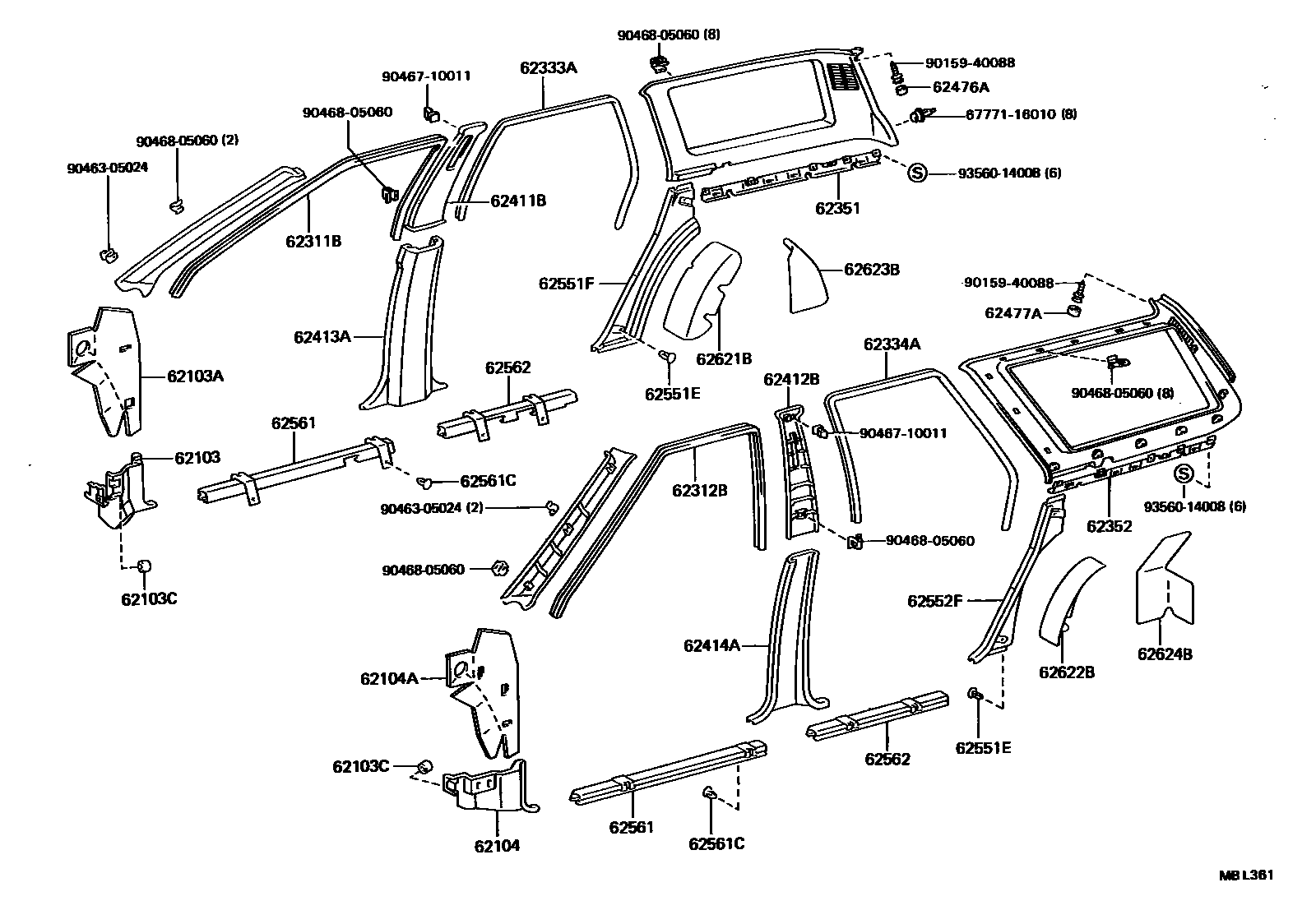 Toyota CAMRY 内饰板和车门防水胶条 EPC diagram — MBL361