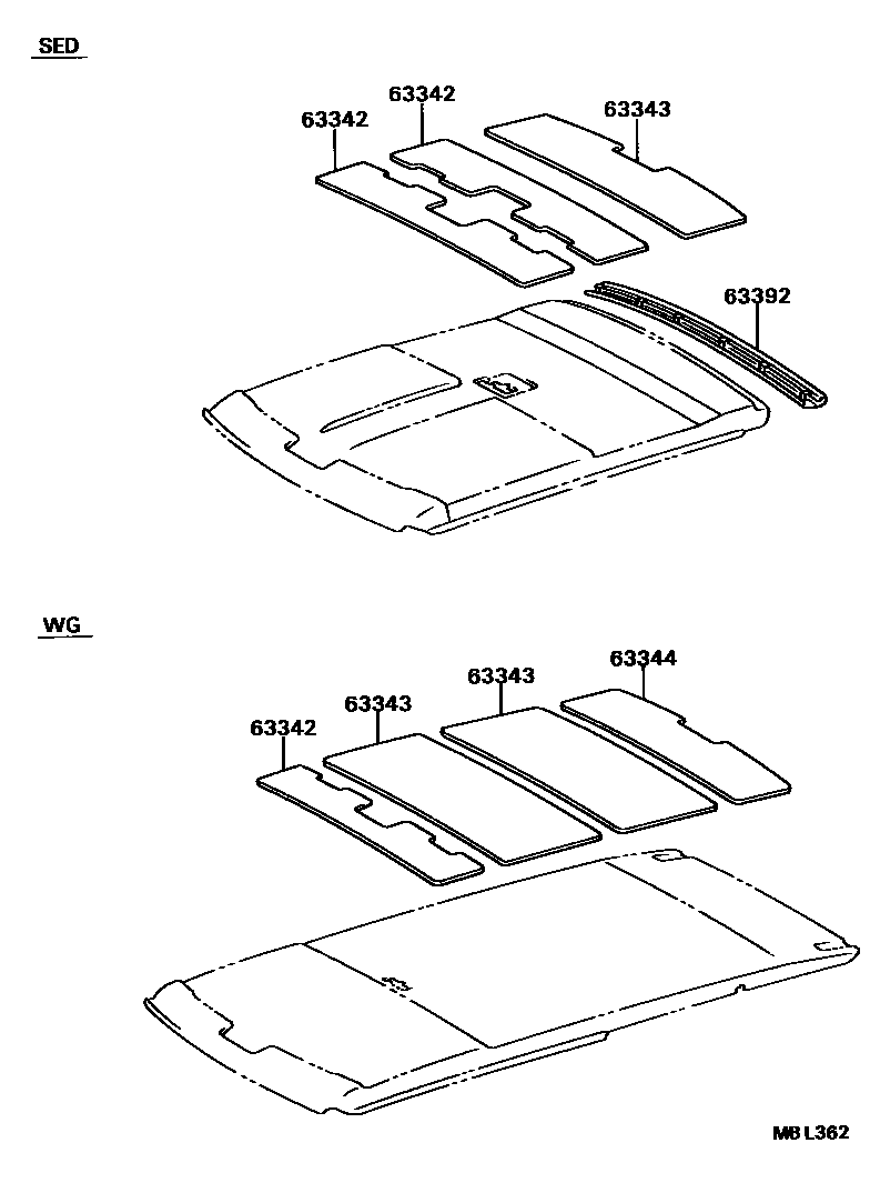 Toyota CAMRY 车顶内衬和消声垫 EPC diagram — MBL362