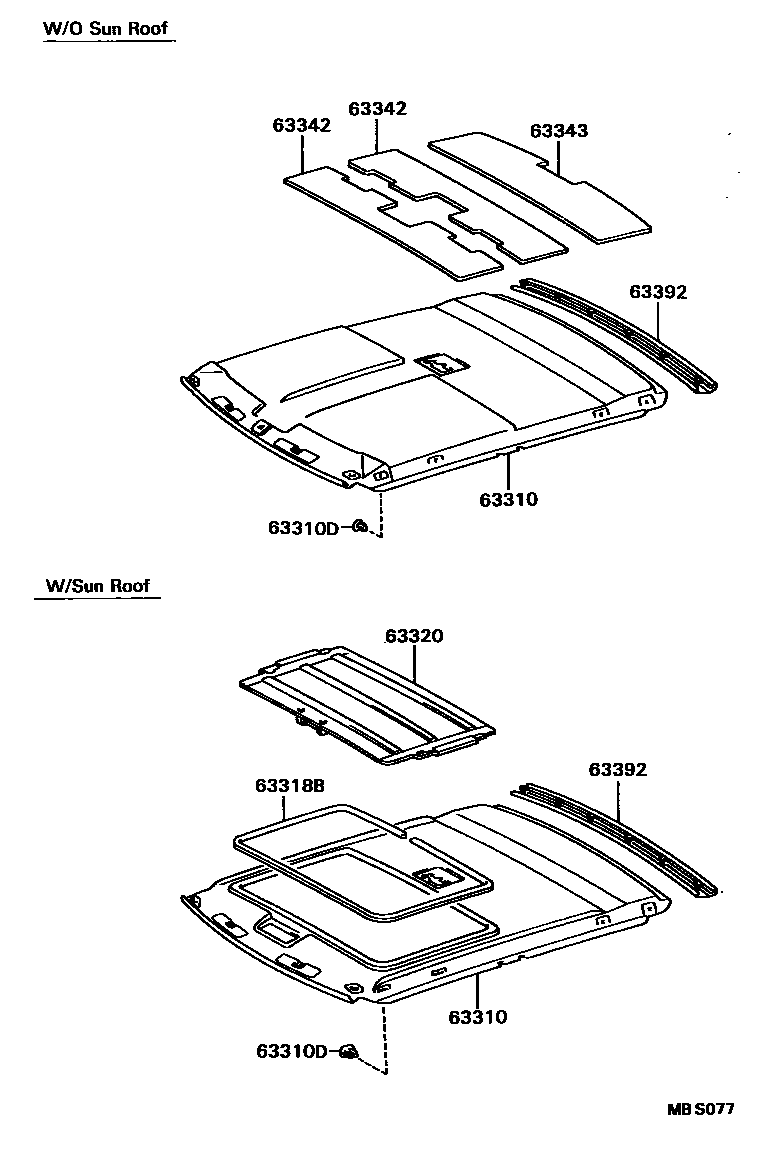 Toyota CAMRY 车顶内衬和消声垫 EPC diagram — MBS077