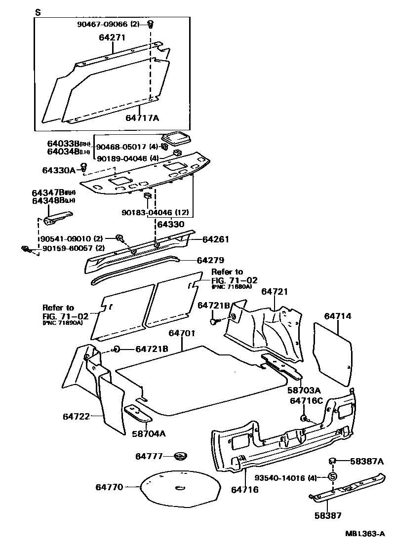 Toyota CAMRY 杂物箱板和行李箱垫 EPC diagram — MBL363A