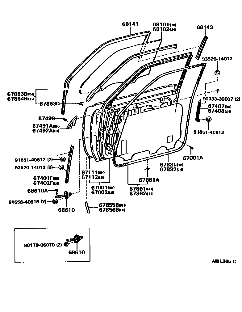 Toyota CAMRY 前门板和前门玻璃 EPC diagram — MBL365C
