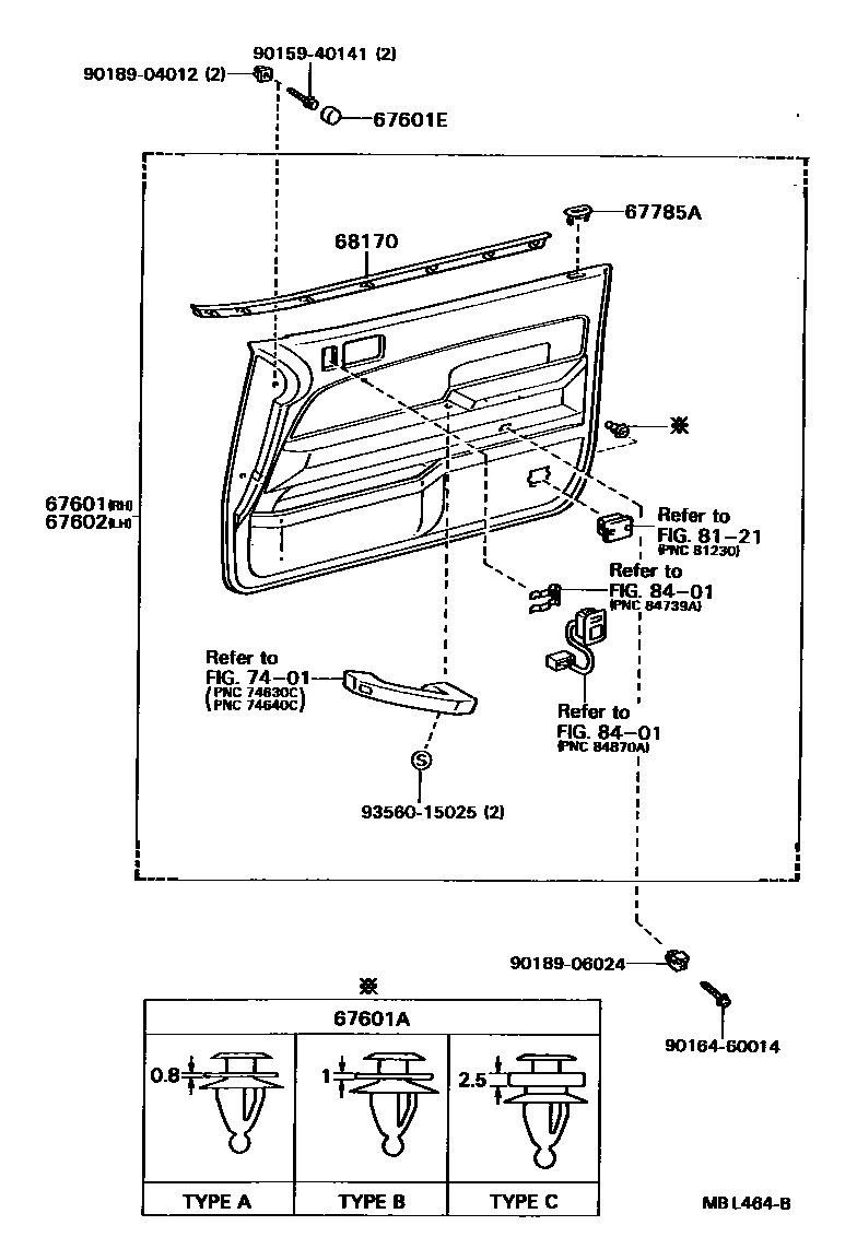 Toyota CAMRY 前门板和前门玻璃 EPC diagram — MBL464B