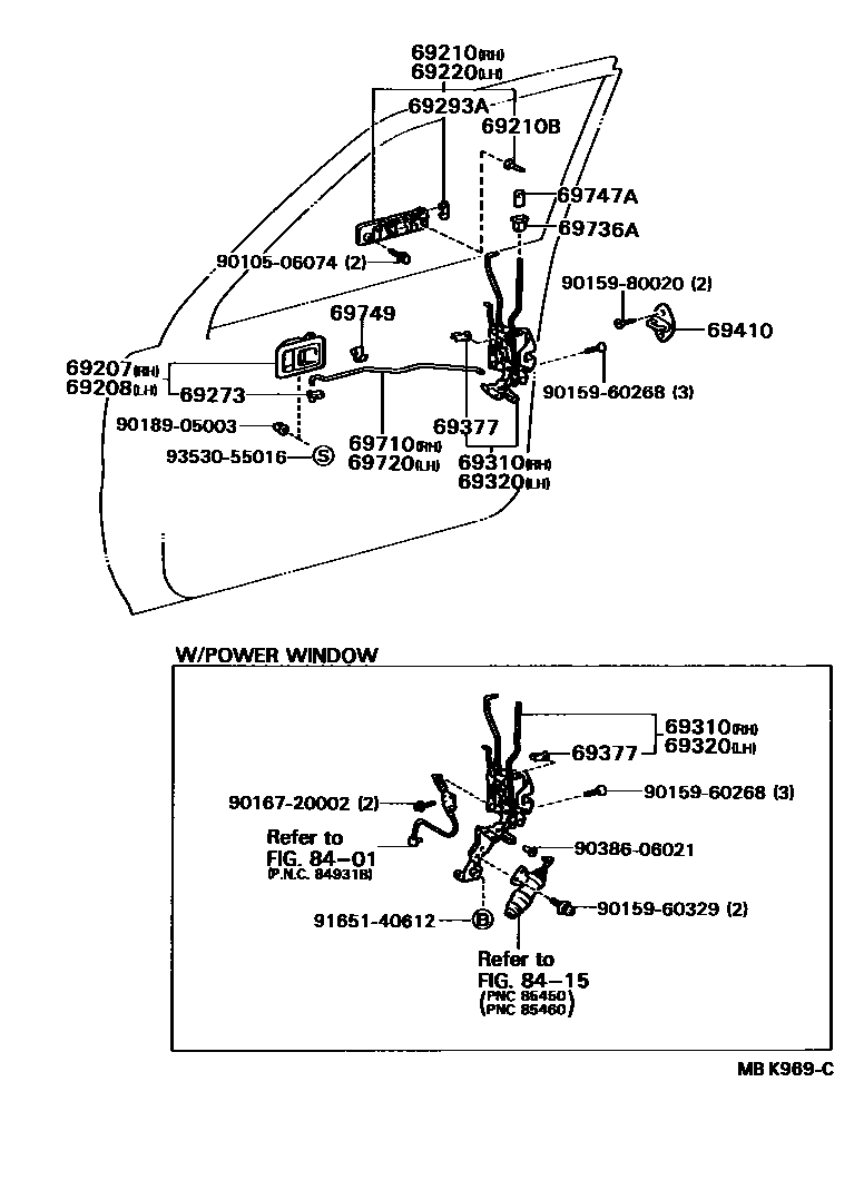 Toyota CAMRY 前门锁和车门把手 EPC diagram — MBK969C