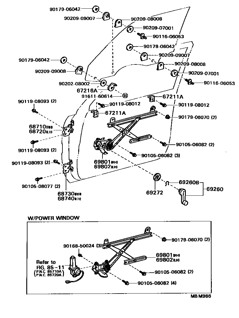 Toyota CAMRY 前门车窗升降器和合页 EPC diagram — MBM966