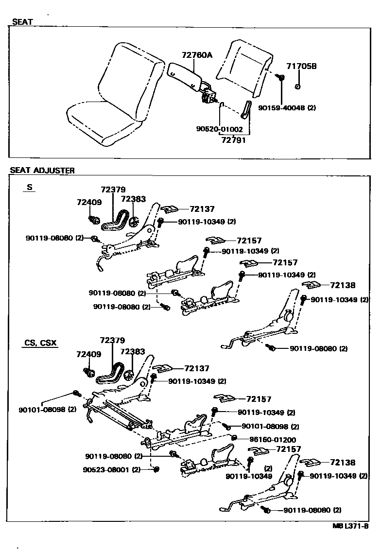 Toyota CAMRY 前排座椅和座椅滑轨 EPC diagram — MBL371B