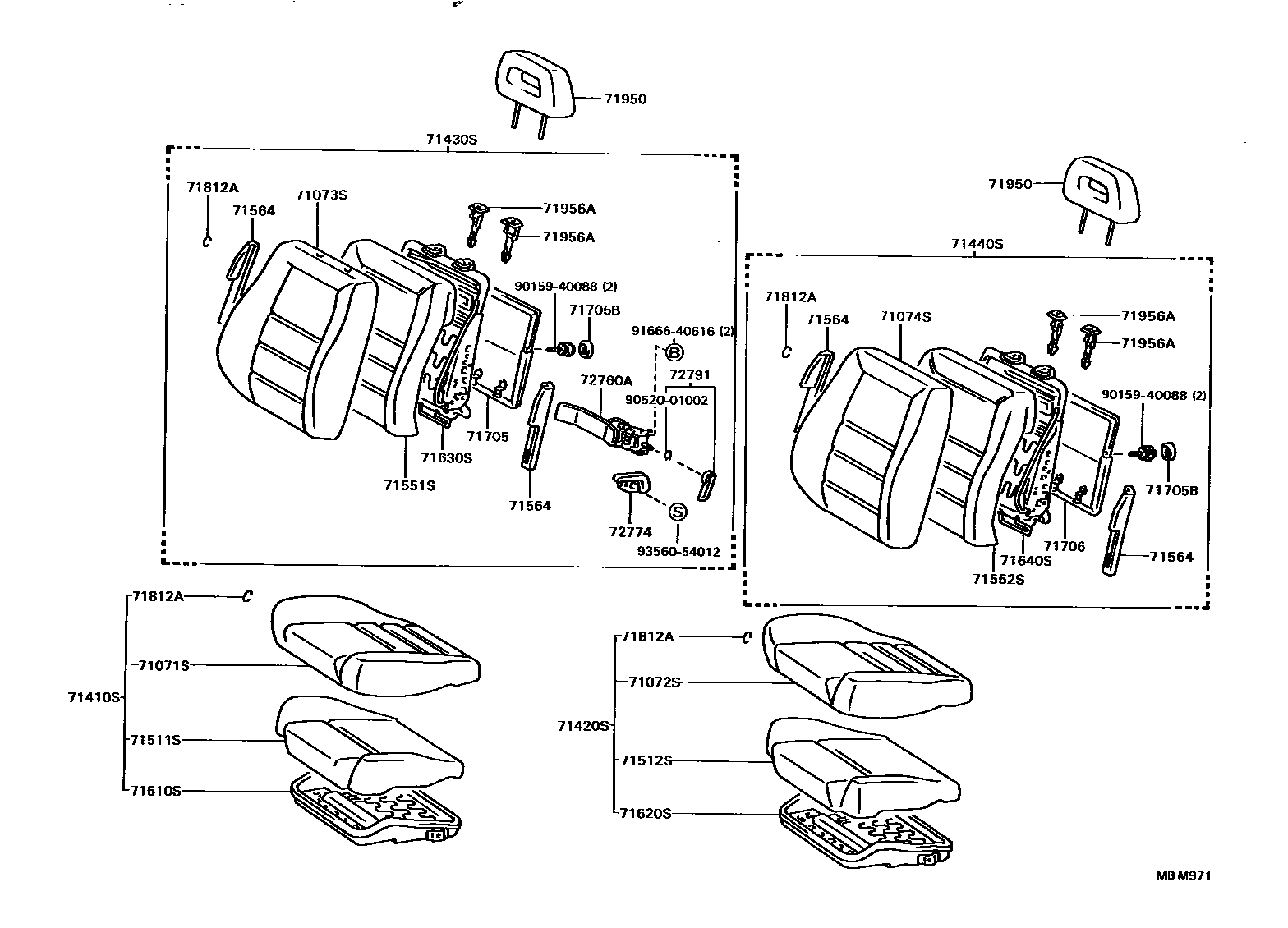 Toyota CAMRY 前排座椅和座椅滑轨 EPC diagram — MBM971