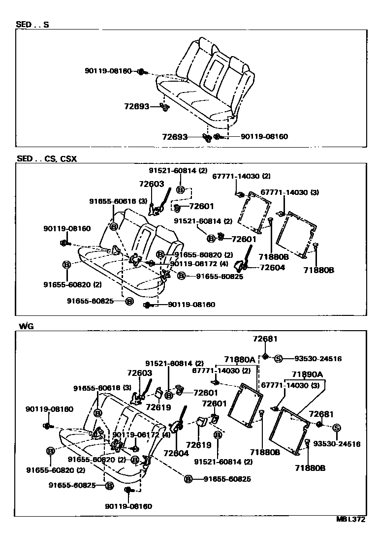 Toyota CAMRY 后排座椅和座椅滑轨 EPC diagram — MBL372