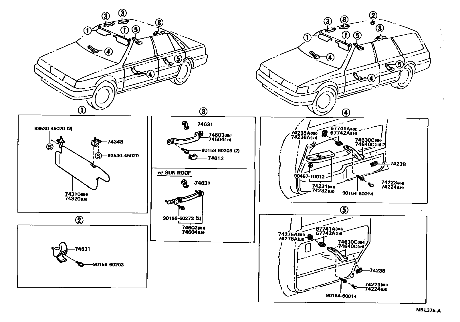 Toyota CAMRY 扶手和遮阳板 EPC diagram — MBL375A