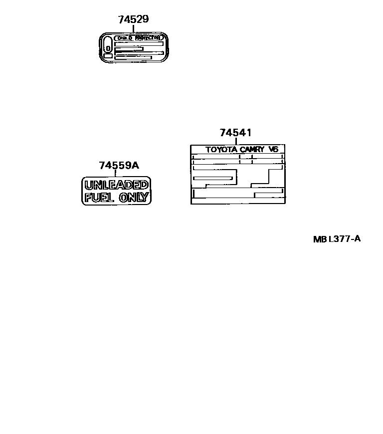 Toyota CAMRY 警示铭牌(车外和车内) EPC diagram — MBL377A