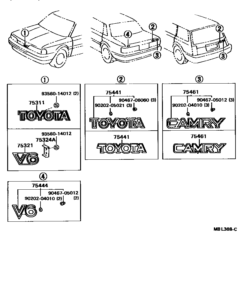 Toyota CAMRY 丰田徽标和铭牌(车外和车内) EPC diagram — MBL368C