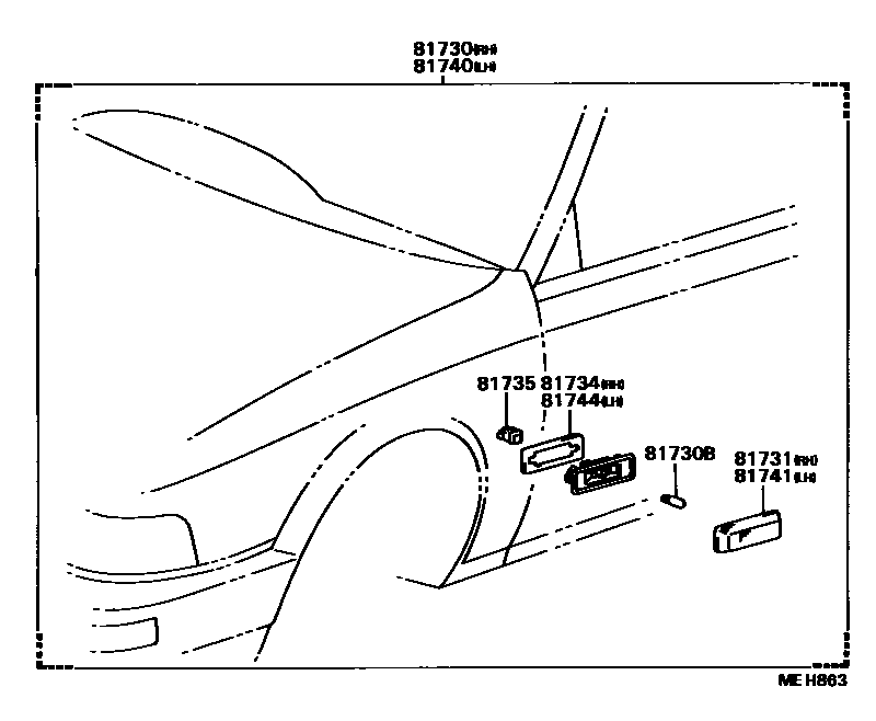 Toyota CAMRY Side Turn Signal & Outer Mirror Lamp EPC diagram — MEH863