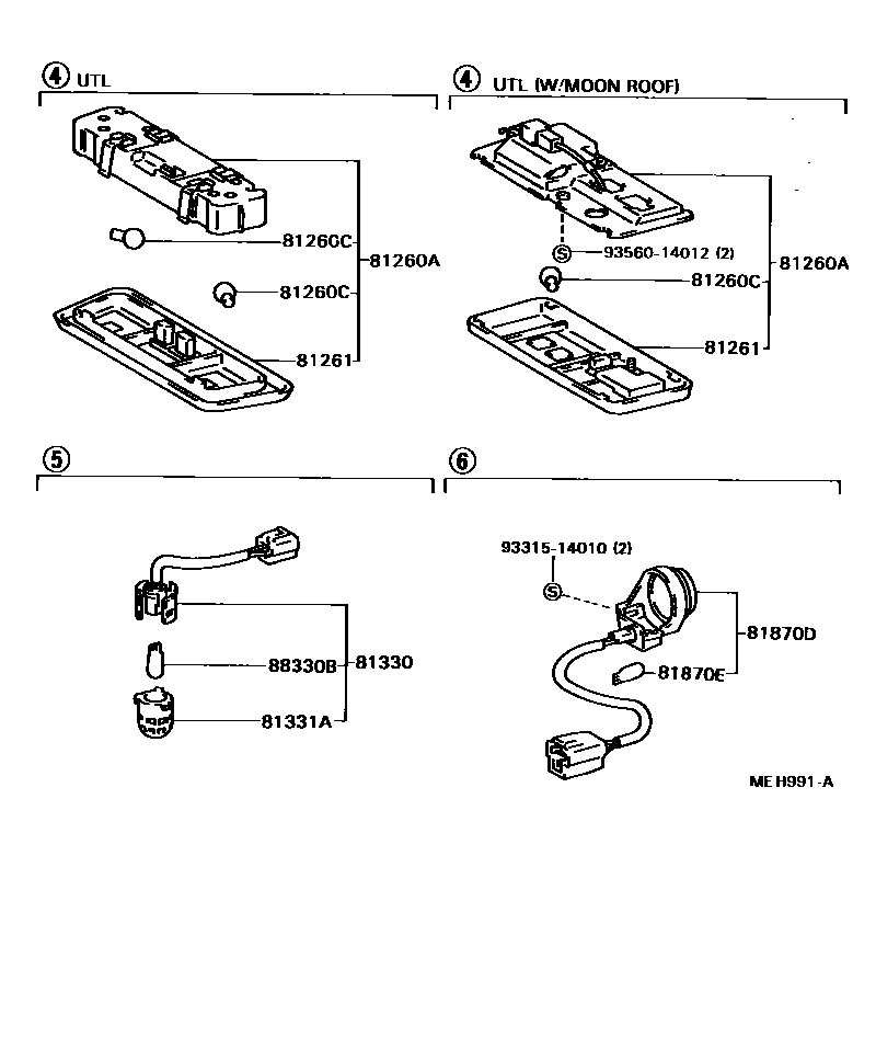 Toyota CAMRY 车内灯 EPC diagram — MEH991A
