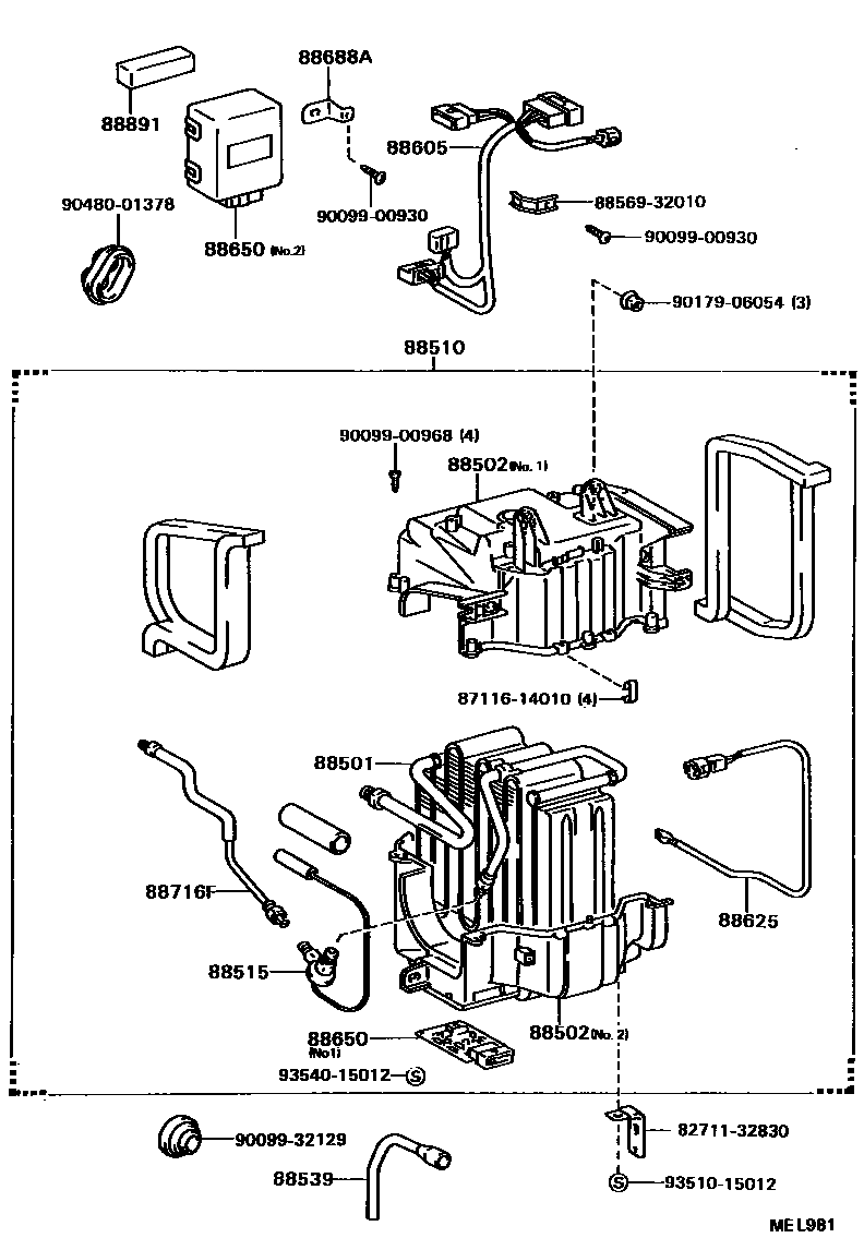 Toyota CAMRY 暖风和空调系统 - 冷却器组件 EPC diagram — MEL981