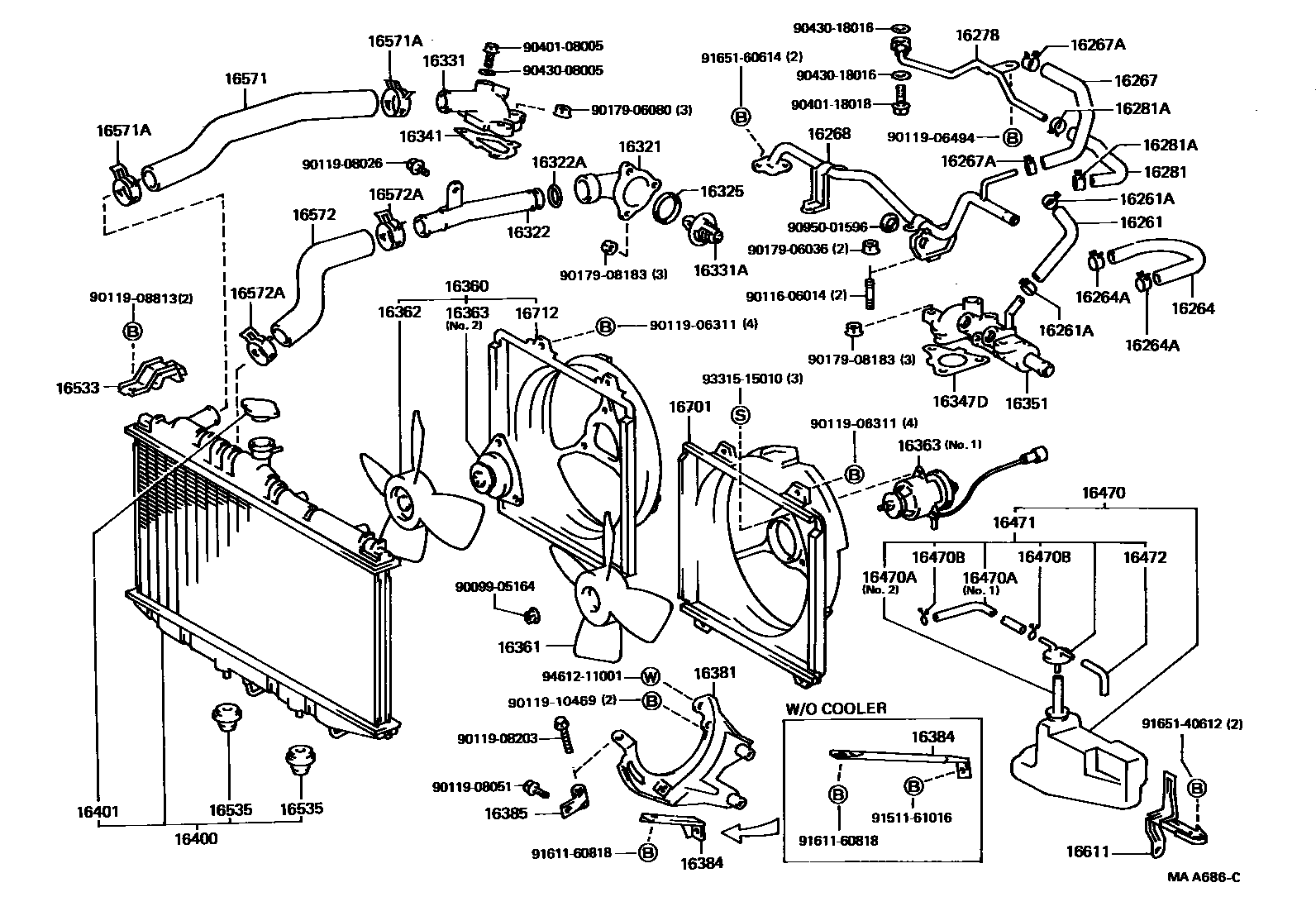 Toyota CAMRY RADIATOR & WATER OUTLET EPC diagram — MAA686C