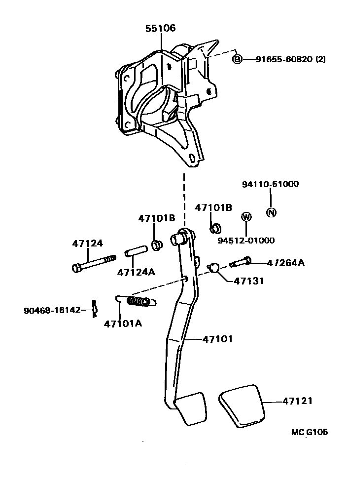 Toyota CAMRY Brake Pedal & Bracket EPC diagram — MCG105