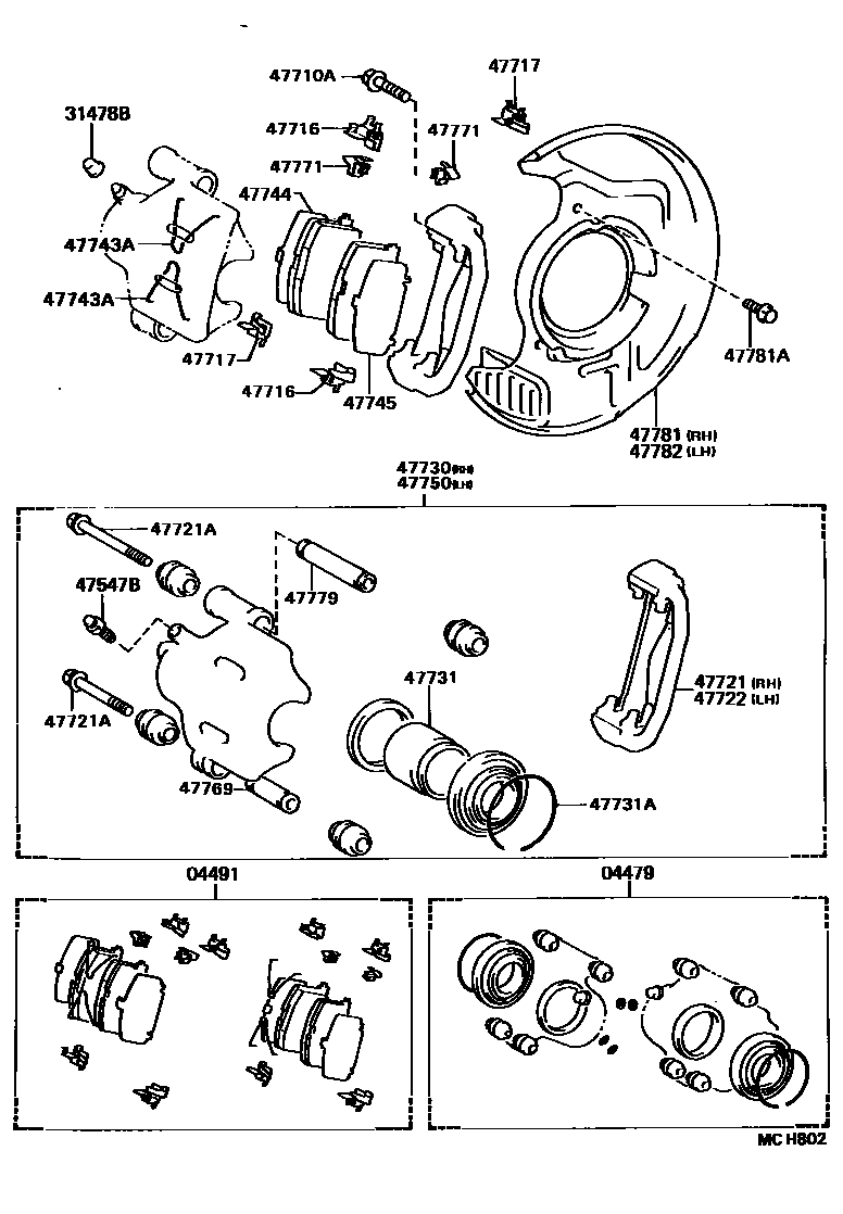 Toyota CAMRY 前盘式制动器卡钳和防尘罩 EPC diagram — MCH802