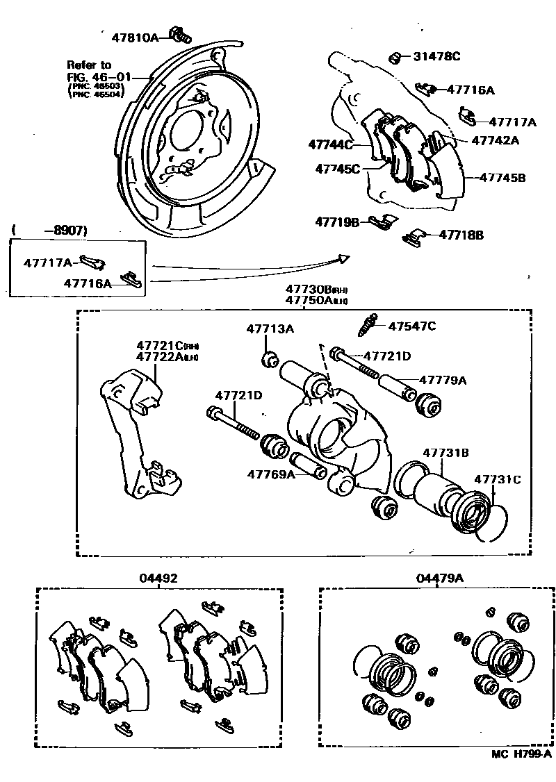 Toyota CAMRY 后盘式制动器卡钳和防尘罩 EPC diagram — MCH799A