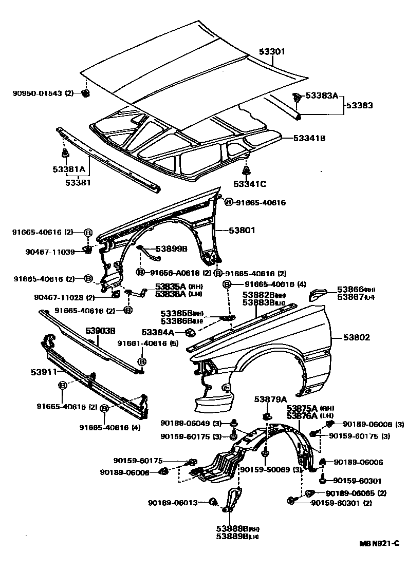 Toyota CAMRY 发动机盖和前翼子板 EPC diagram — MBN921C