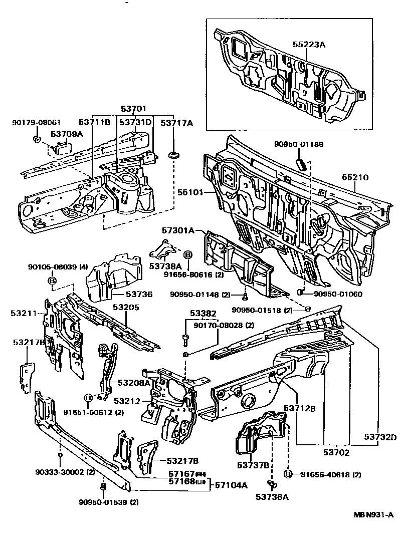 Toyota CAMRY 前翼子板挡泥板和前围板 EPC diagram — MBN931A